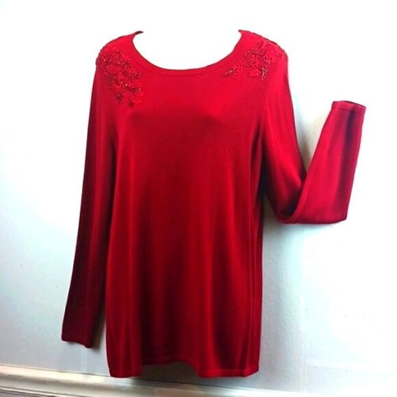 Vintage 90s Deep red long-sleeve Scoop neck beaded embroidery knit sweater (L) - Picture 1 of 11